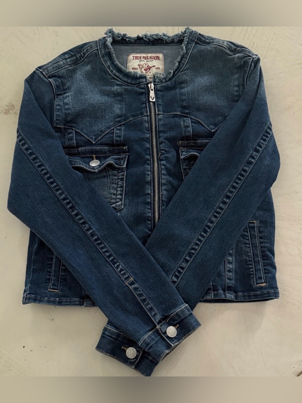True Religion Y2k Slim Jimmy Dark Blue Preppy Jean Jacket Frayed Collarless